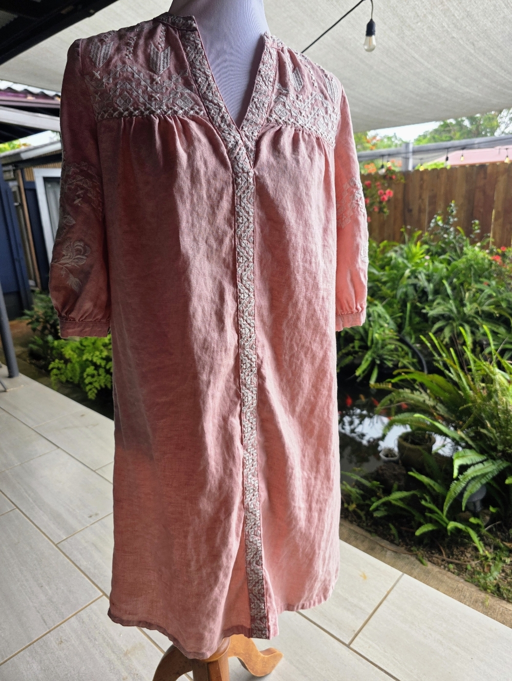 Sundance Soft Blush LINEN Embroidered Sheath Dress XS